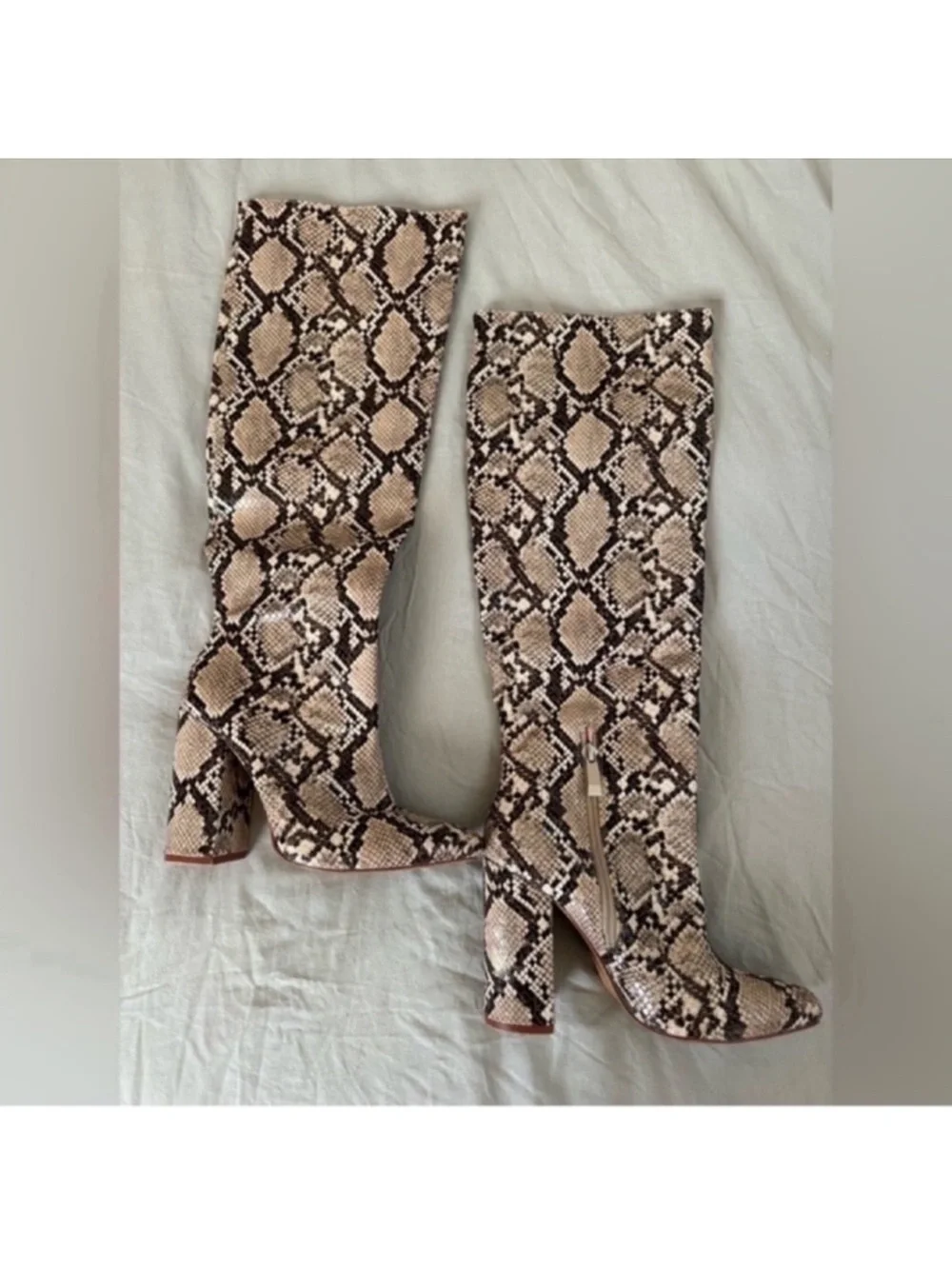 Zara Snake-Print Over-the-Knee Boots - Beige and Black